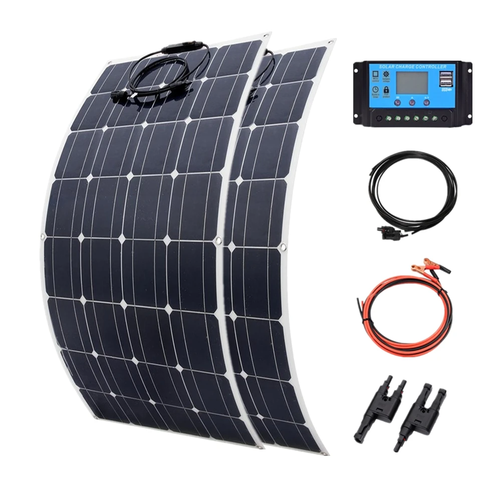 

гибкая солнечная панель батарея комплект полный 200 Вт 300 Вт 12v 24v зарядное устройство фотоэлектрическая система дома для автомобиля RV лодка фургоны кемпинг крыша