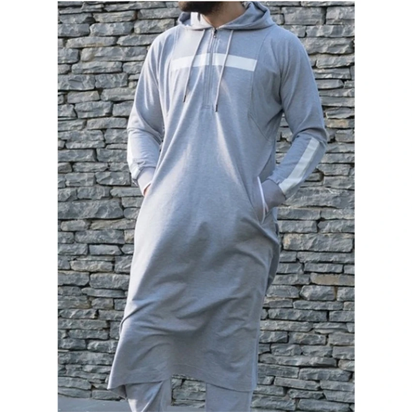 Middle East Man Muslim Hooded Thobe Jubba Casual Long Sleeve Turkish Saudi Arabia Cotton Sweatshirt Islamic Kaftan Robes