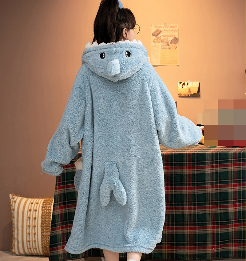 Cartoon Cosplay Shark Bathrobe Suit For Women Girls Hooded Pajamas Set Flannel Robe Sets Thick Dressing Gown Winter Nightgowns