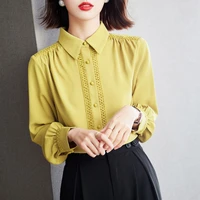women shirts office long lantern sleeve solid color turn down collar shirt korean style elegant blouse tops chemise femme