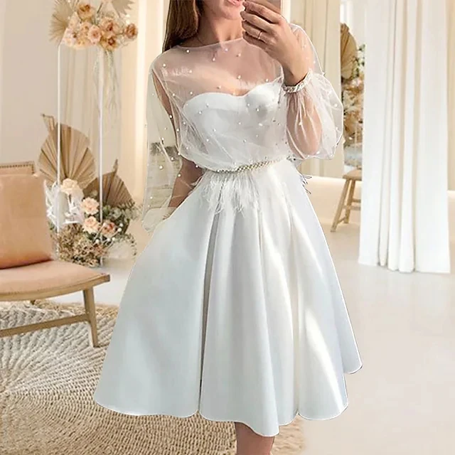 

A-Line Wedding Dresses Jewel Neck Knee Length Satin Long Sleeve Romantic Boho Sexy Backless Cute Party with Pleat