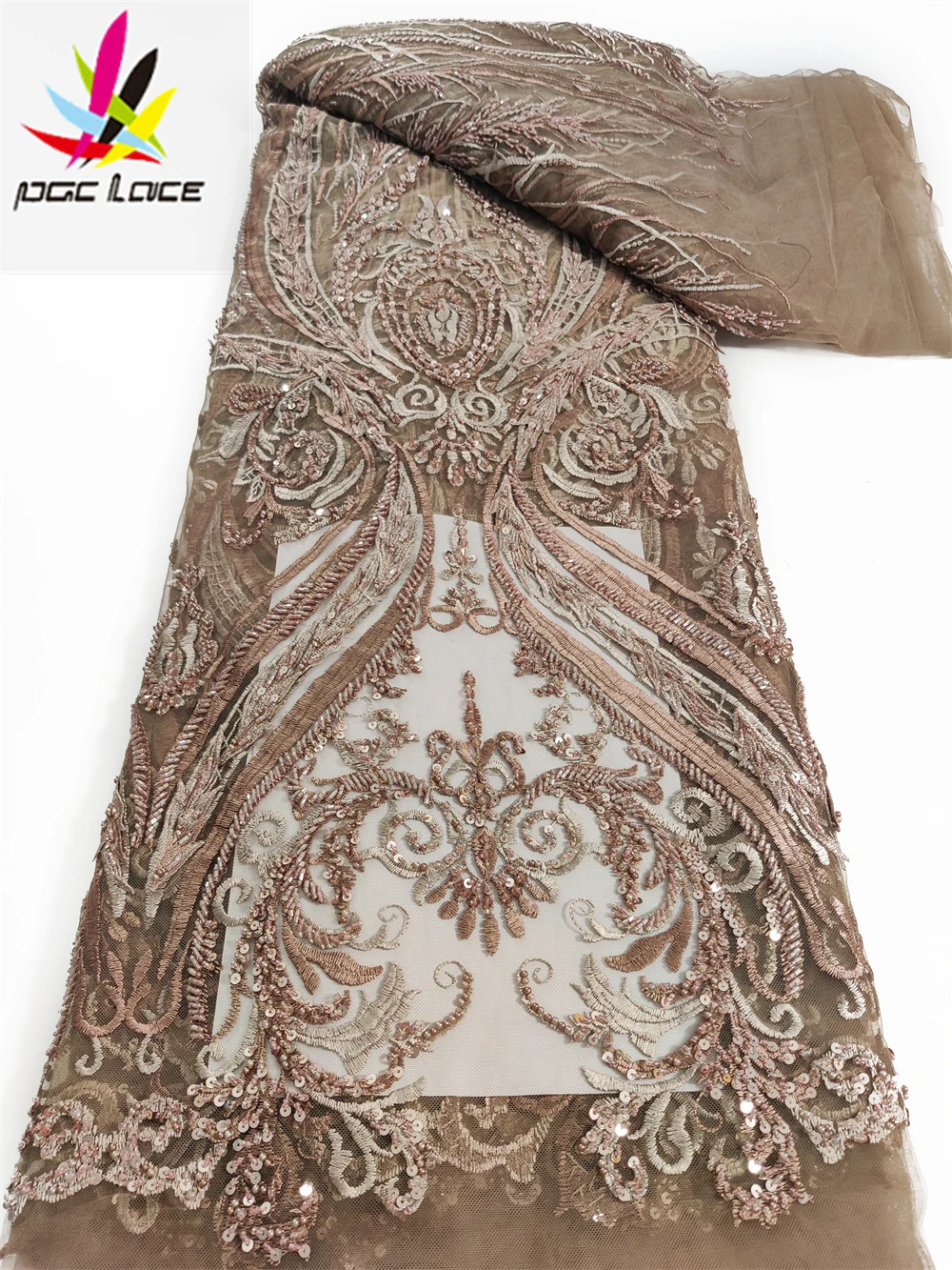 

PGC African Beaded Lace Fabric 2022 High Quality Nigerian Party Luxury Embroidery French Tulle Lace Fabric For Wedding YA5065B-3