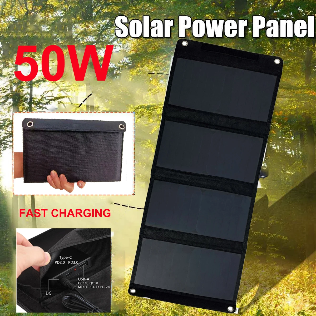 

50W Fast Charge Folding Solar Panels Portable Waterproof USB High Efficiency Solar Panel Charger Power Bank for Phone Battery