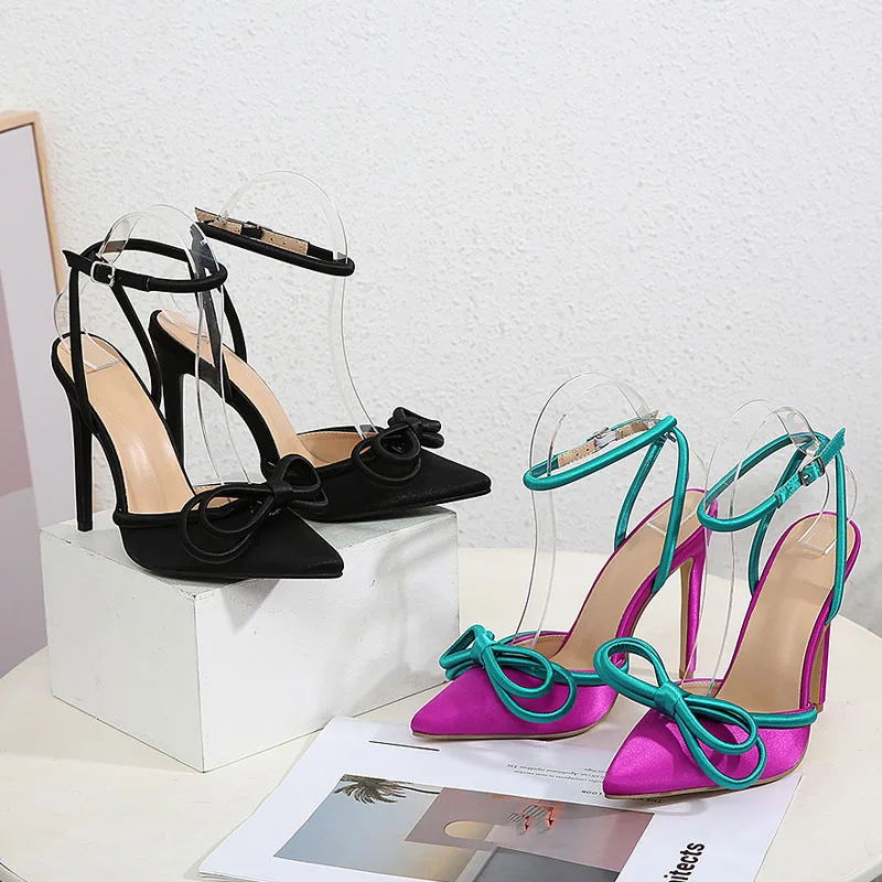 

New high heels fashion bow pointed toe color matching stiletto women's casual shoes single shoes sandals women shoes