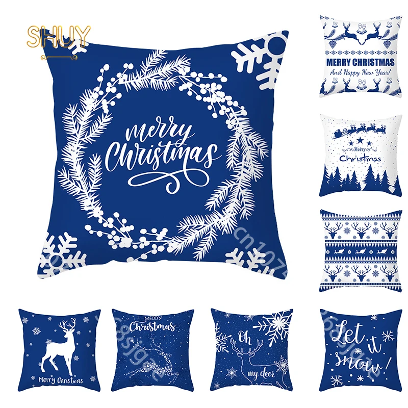 

Christmas Pillow Case Blue White Santa Claus Elk Print Cushion Cover Festival Ornament New Year Sofa Car Decoration Pillowcase