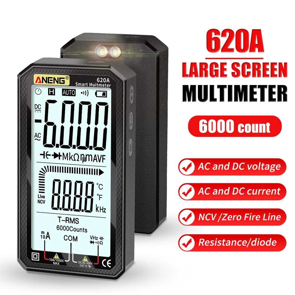 

NICEYARD Digital Smart Multimeter 620A Transistor Testers 6000 Counts True-RMS NCV Tester Auto Electrical Capacitance Meter