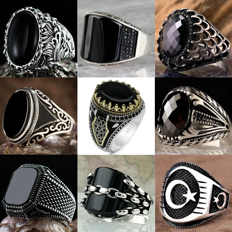 

New Copper Material Inlaid Black Gemstone Men's Ring European and American Embossed Fashion Banquet Senior Diamond Jewelry