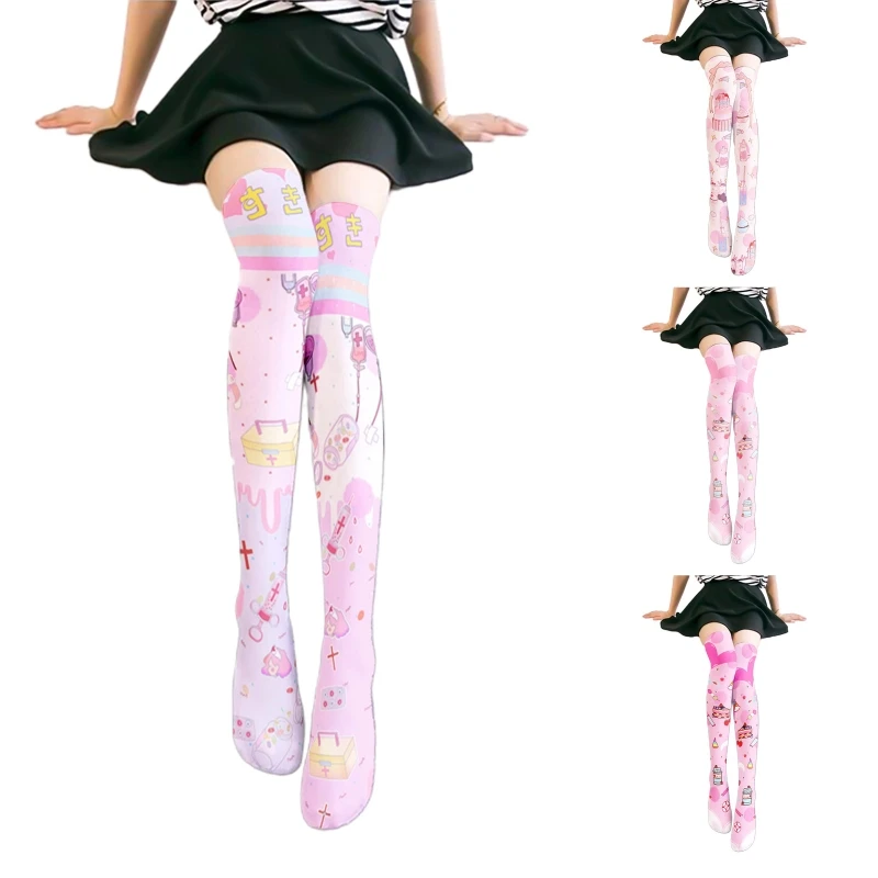 

Women Cute Cake Milk Box Print Over Knee Stockings Anime Thigh High Socks