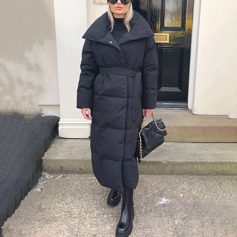 Malina Thick Loose Parkas Women Fashion Solid Covered Button Coats Women Elegant Tie Belt Long Cotton Jackets Female Ladies