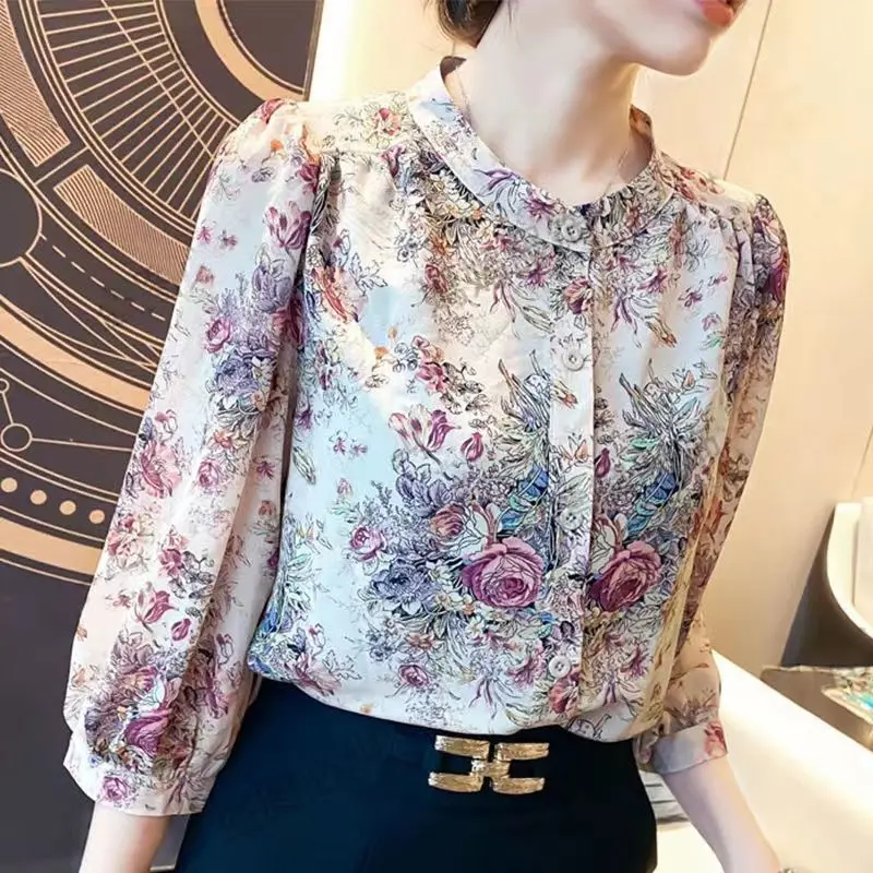 Three-quarter-sleeve Chiffon Shirt Blusas Femme Spring Summer New Loose Floral Blouse Women's Top