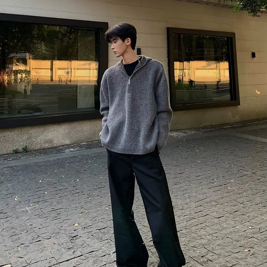 Большие размеры 50 00 кг Свободный свитер с капюшоном на молнии Мужская одежда