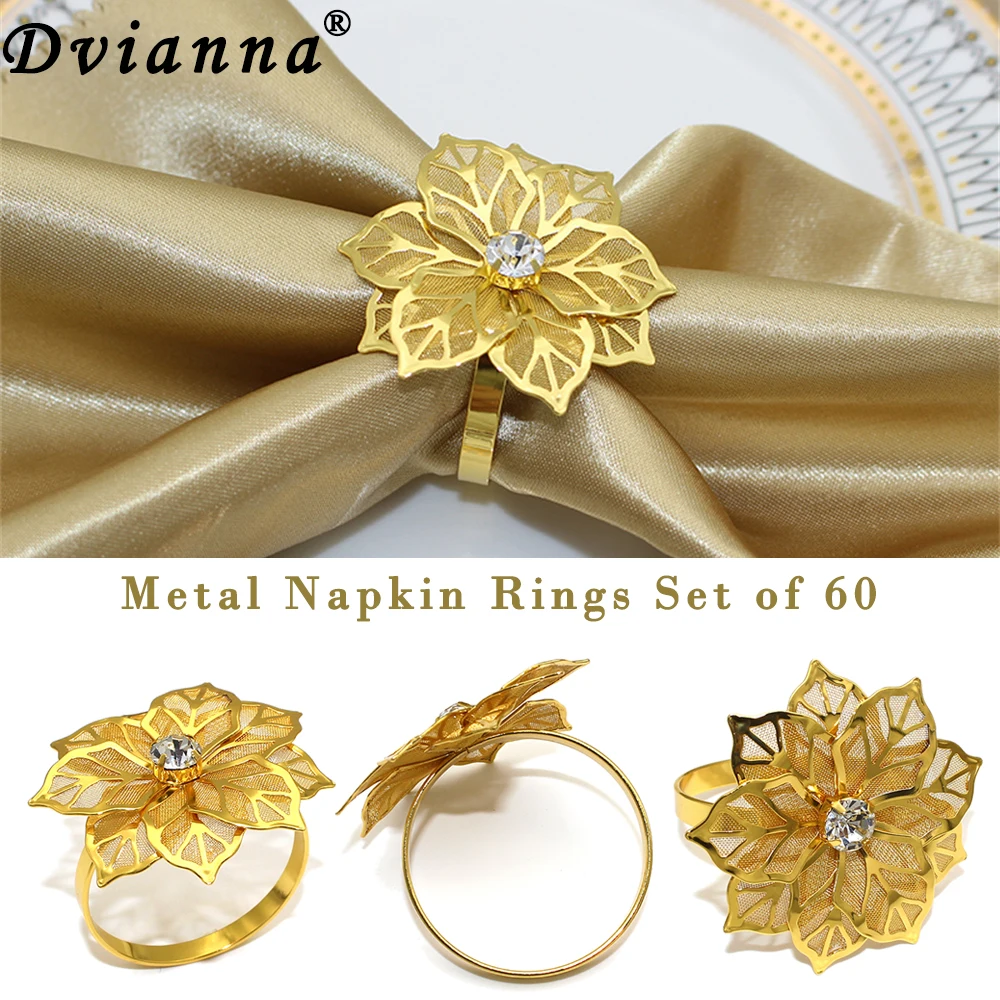 

60Pcs Hollow Out Flower Napkin Ring Holder Metal Napkin Rings for Wedding Party Holiday Banquet Christmas Table Decoration HWM04