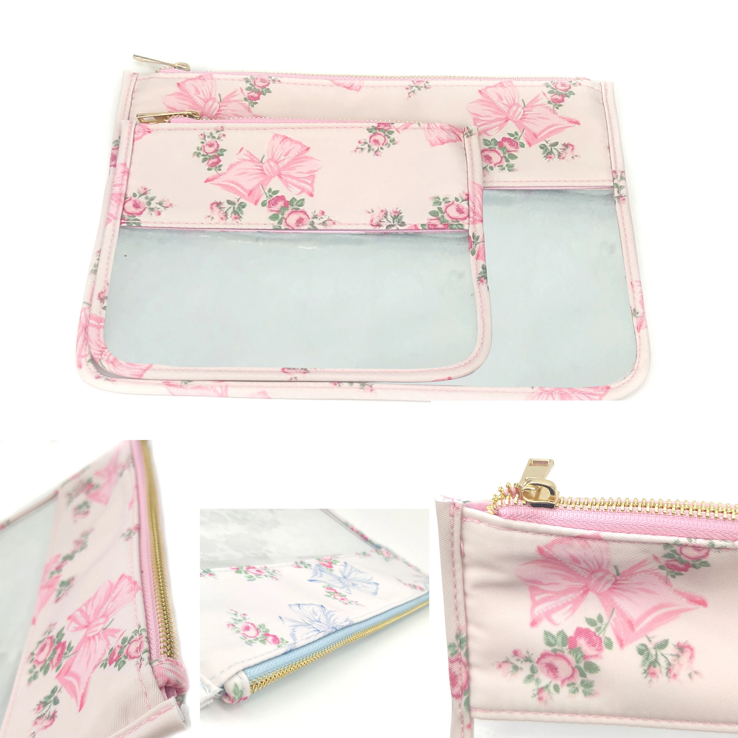 

Fashion Blue Pink Bow Print Nylon Waterproof Transparent Cosmetic Bag Large Capacity Camouflage Wash With Storage Bag S M