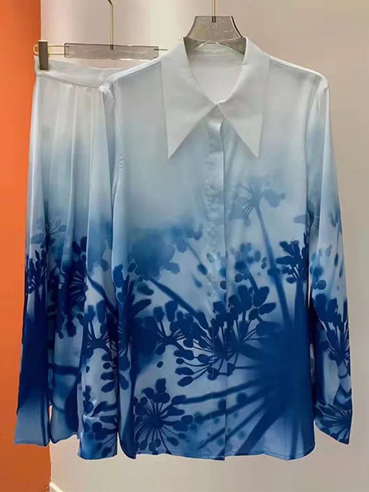 

2022 Spring Fashion Skirt Set Women Blue Flowers Printed Single Breasted Shirt+High Waist Skirt Office Lady Set