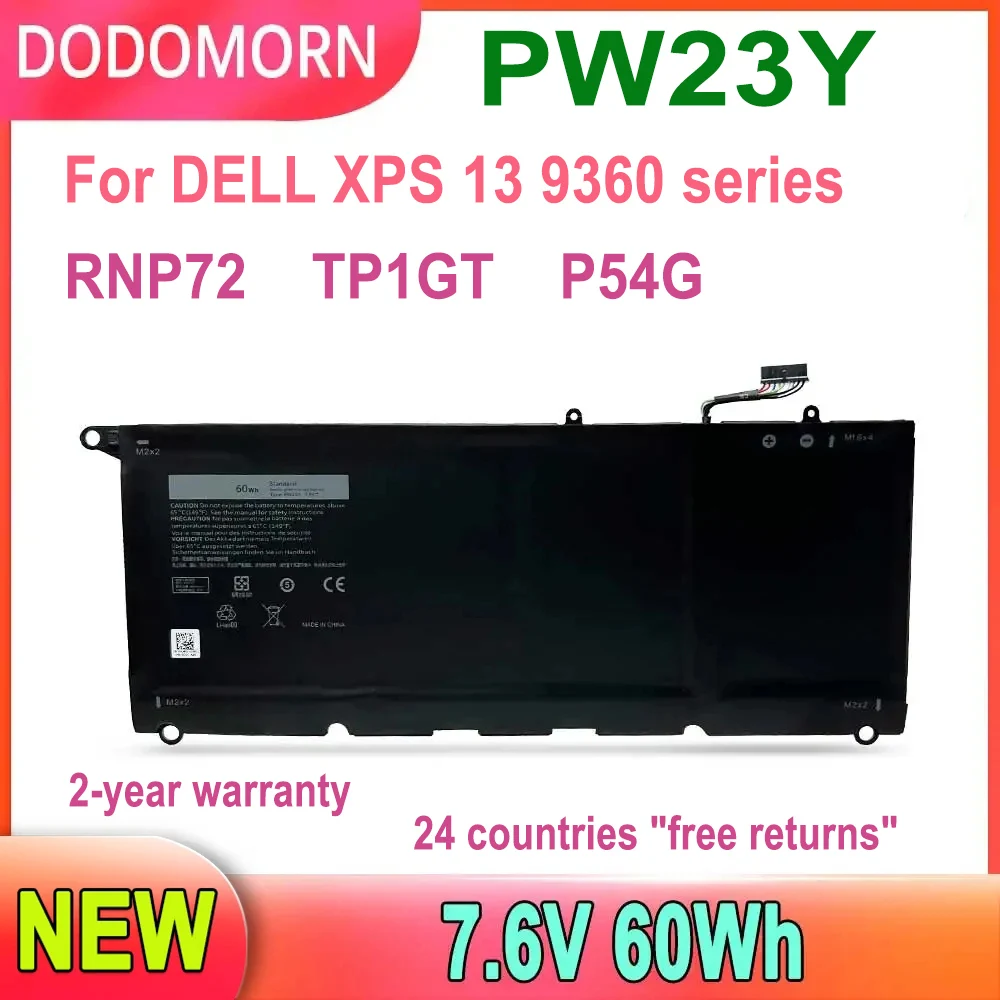 Фото Новый аккумулятор для ноутбука PW23Y для серии DELL XPS 13 9360, перезаряжаемые запасные части RNP72 TP1GT P54G 7,6 В 60 Втч, гарантия 2 года №1