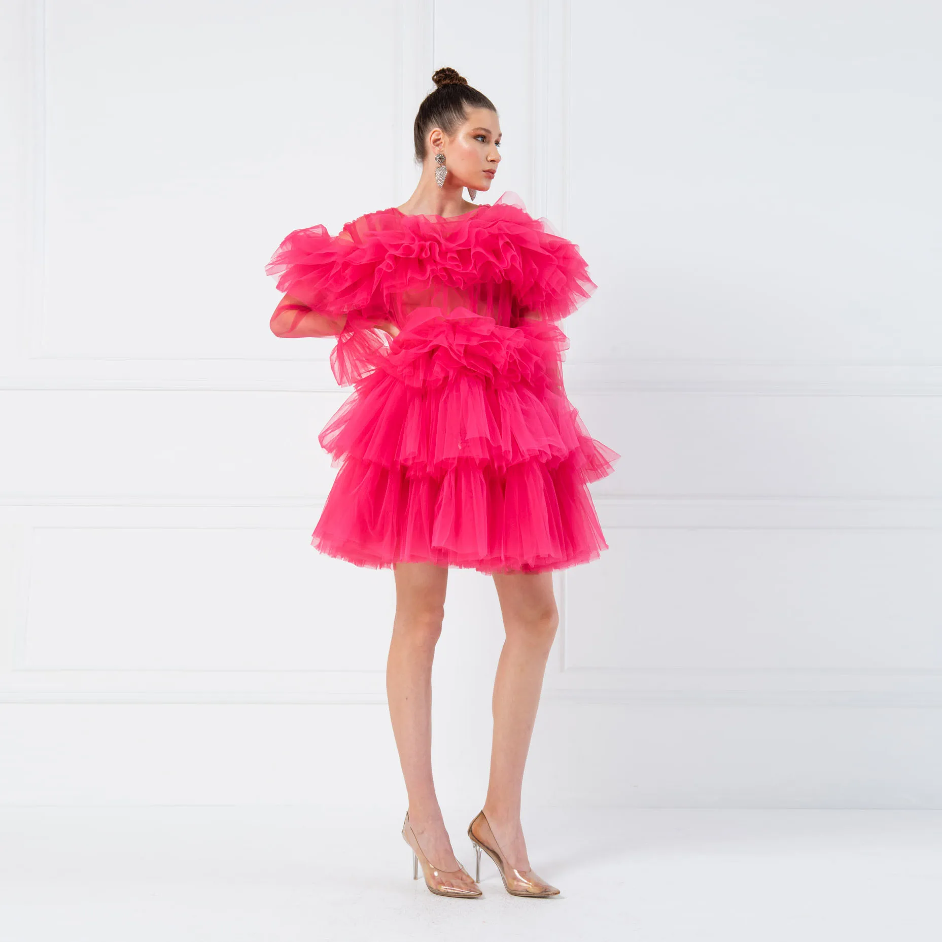 Hot Pink Tiered Tulle Maxi Dresses Women To Birthday Party See Thru Full Sleeves Puffy A-line Tulle Dress Female Clothing