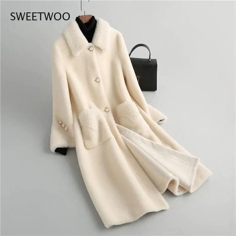 2021 Women New Winter Genuine Lamb Fur Coats Female Long Real Sheep Shearing Jackets Ladies Solid Slim Warm Overcoats Contracted