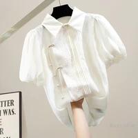 retro handmade buttonhole loop tassel pleated design blouse for women hidden hook short sleeve shirt sweet puff sleeve top 2022