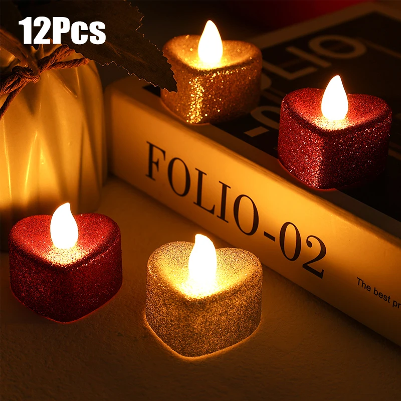 

6Pcs Glitter LED Electric Candles Battery Love Heart Tea Lights Flameless Fake Candles Wedding Christmas Party Home Decoration