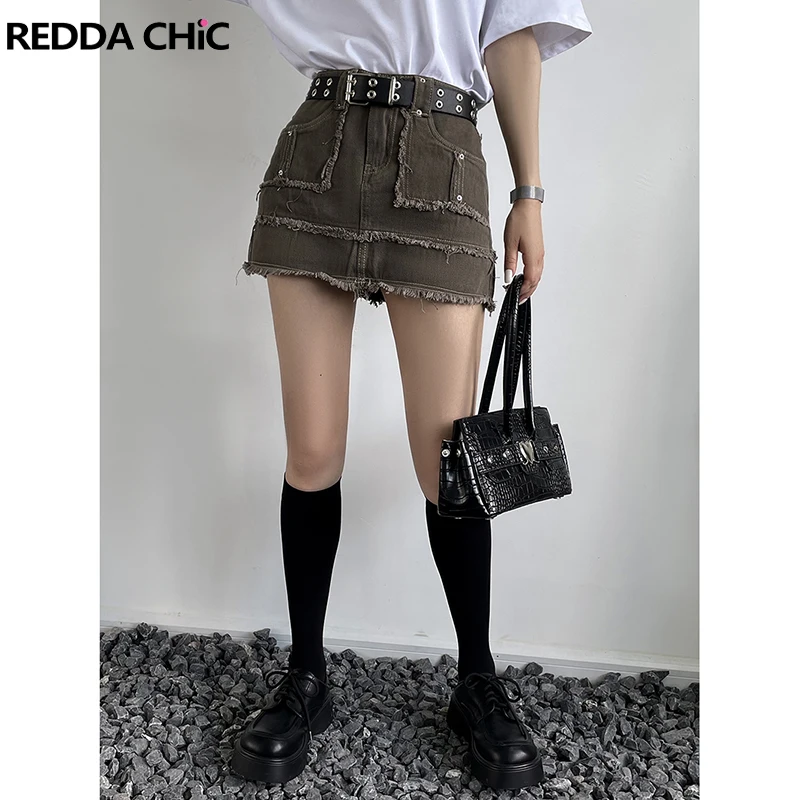 

REDDACHiC Patchwork Vintage Mini Short Denim Skirt for Women Raw Hem Lining Soft Jeans Skort Bottoms Female Grunge Y2k Clothes