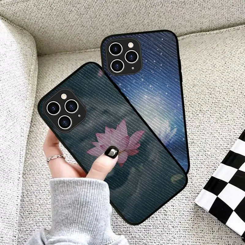 

FHNBLJ Lotus White Flowers Phone Case Hard Leather Case for iPhone 11 12 13 Mini Pro Max 8 7 Plus SE 2020 X XR XS Coque