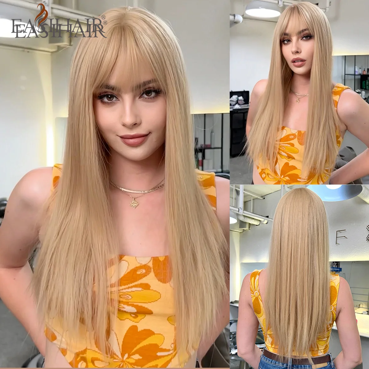 EASIHAIR длинные прямые светлые синтетические парики с челкой для женщин ежедневно Cosaply использовать натуральные волосы парики жаростойкое волокно