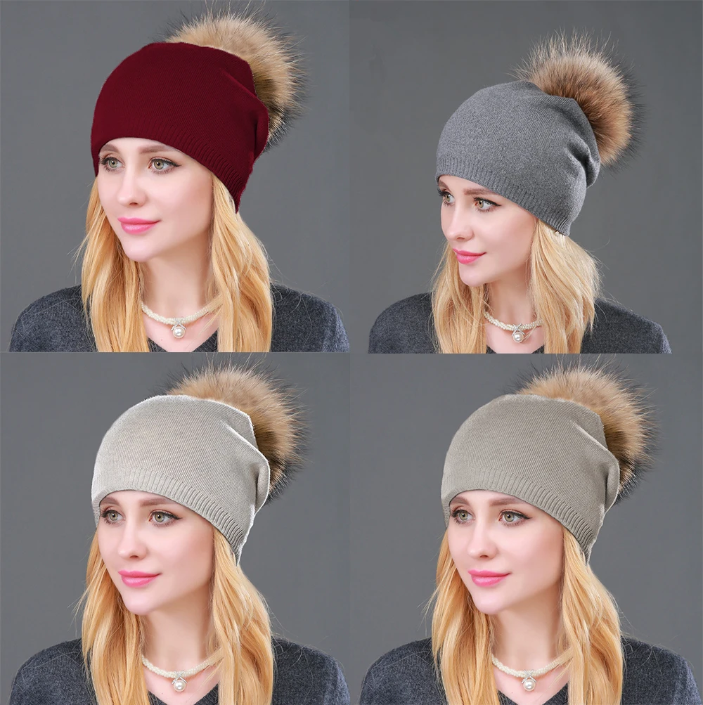 

Женская Вязаная Шерстяная Шапка, зимние однотонные кашемировые Лыжные шапки, шапка с помпоном из натурального меха енота, женские шапки