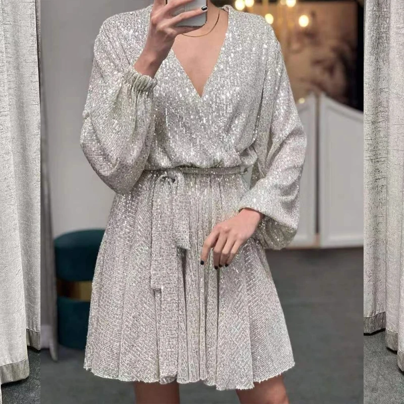 

Sexy V-neck Shiny Sequin Birthday Party Dress Fashion Women Lace Up Long Sleeve Pleated Dress New Fall Elegant Waist Mini Dress