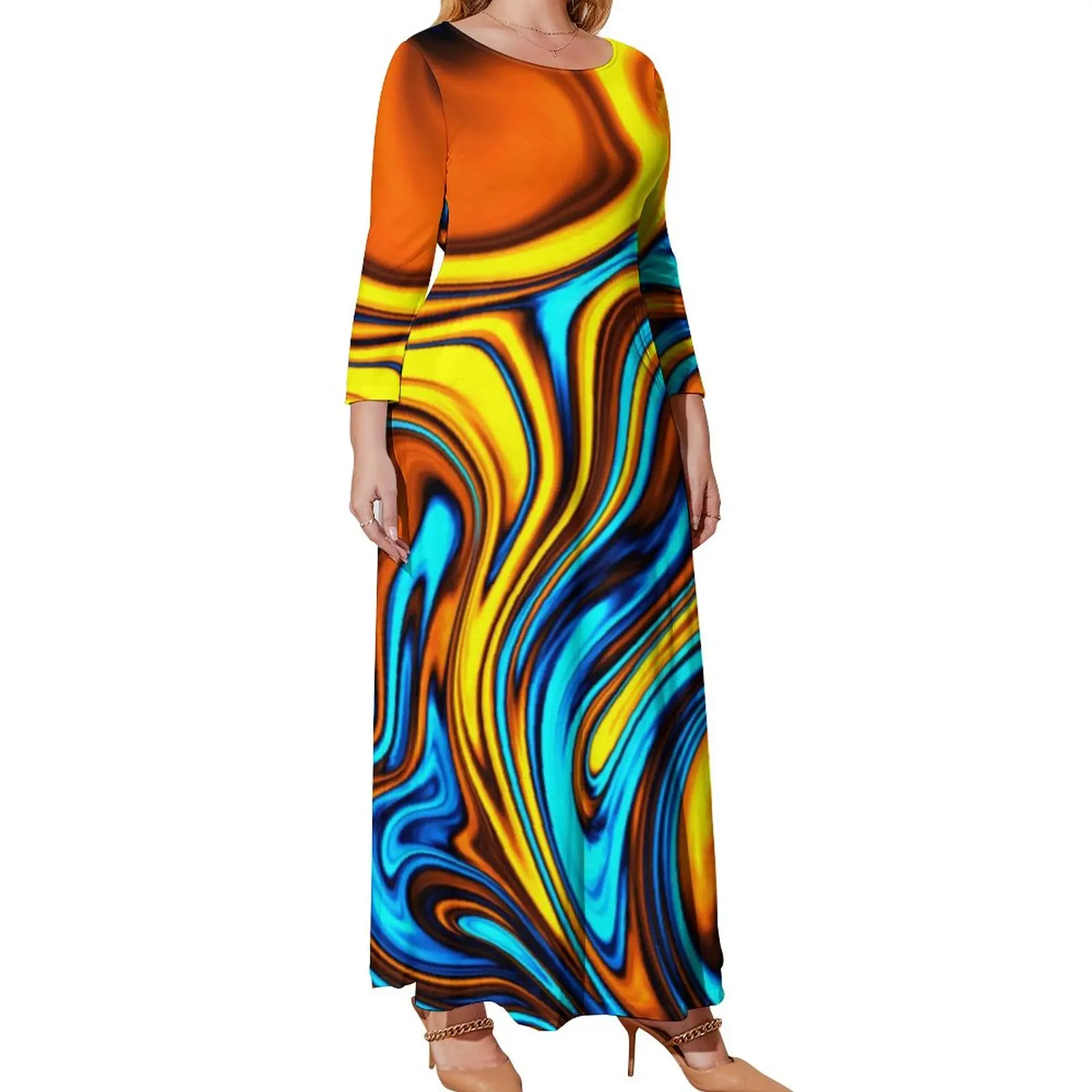 

Golden Retro 60s Dress Abstract Lava Flow Print Street Wear Boho Beach Dresses Long-Sleeve Elegant Maxi Dress Plus Size Vestido