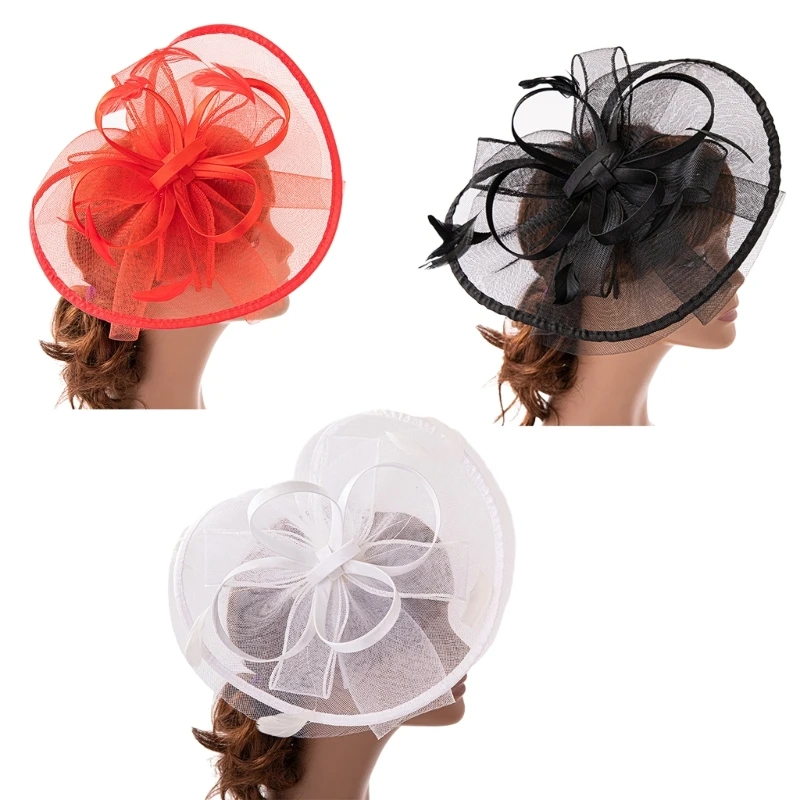 Elegant Wedding Fascinators Hat with Ribbon Feather Pillbox Hat for Makeup Party for Wedding Party / Funeral 28TF