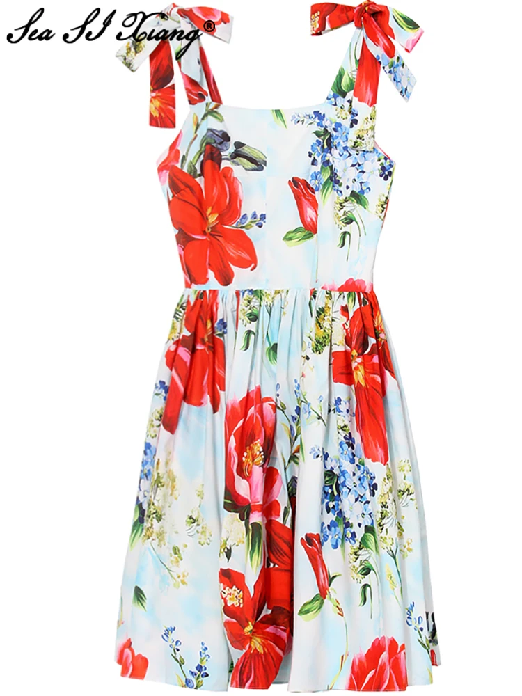 

Seasixiang Fashion Designer Summer Cotton Short Dress Women Bow Spaghetti Strap Flowers Print Bohemian Vacation Backless Dress