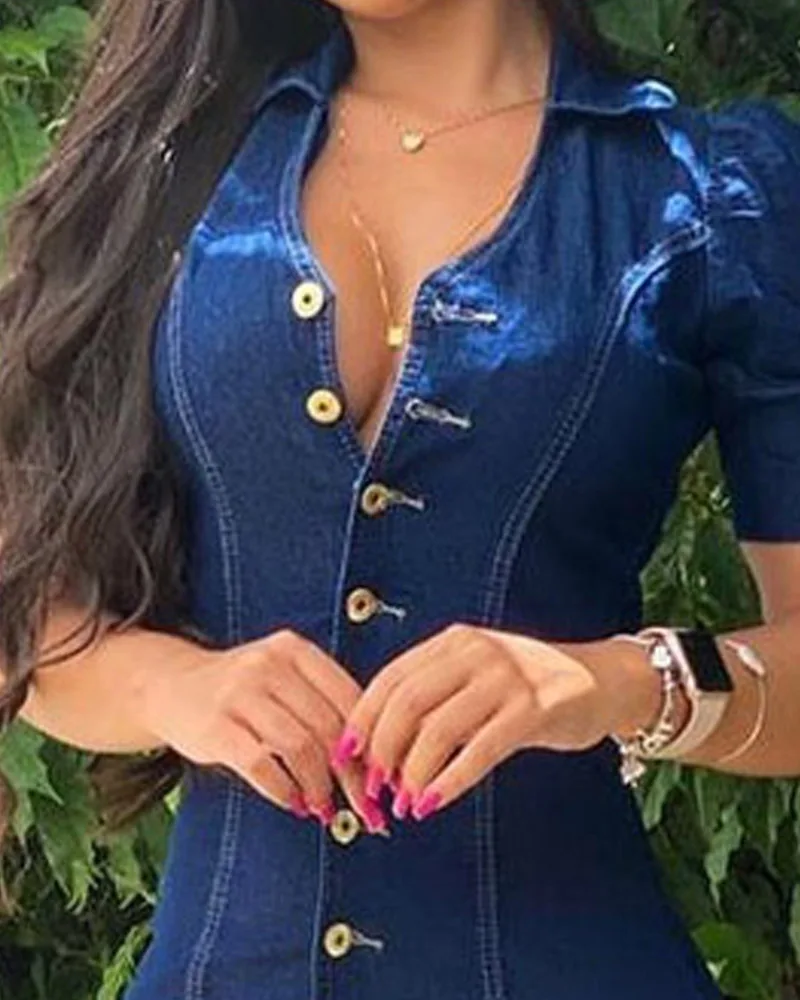 

Женское летнее и весеннее облегающее джинсовое короткое платье на пуговицах, женские повседневные праздничные платья с коротким рукавом, м...