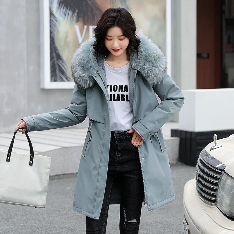 Women Mid Length Parka Korean Fashion Down Cotton Padded Jacket Winter Warmth Coat Jacket Big Fur Collar Grace Plus Size Belt