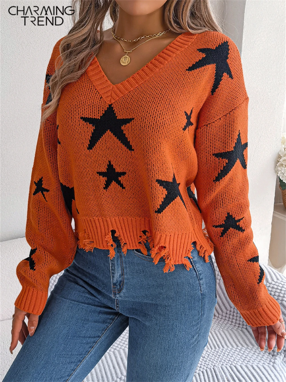 

Charmingtrend Vintage Sweaters Winter V-Neck Stars Print Sweaters Women Knitwear Pullovers Female Oversized Top