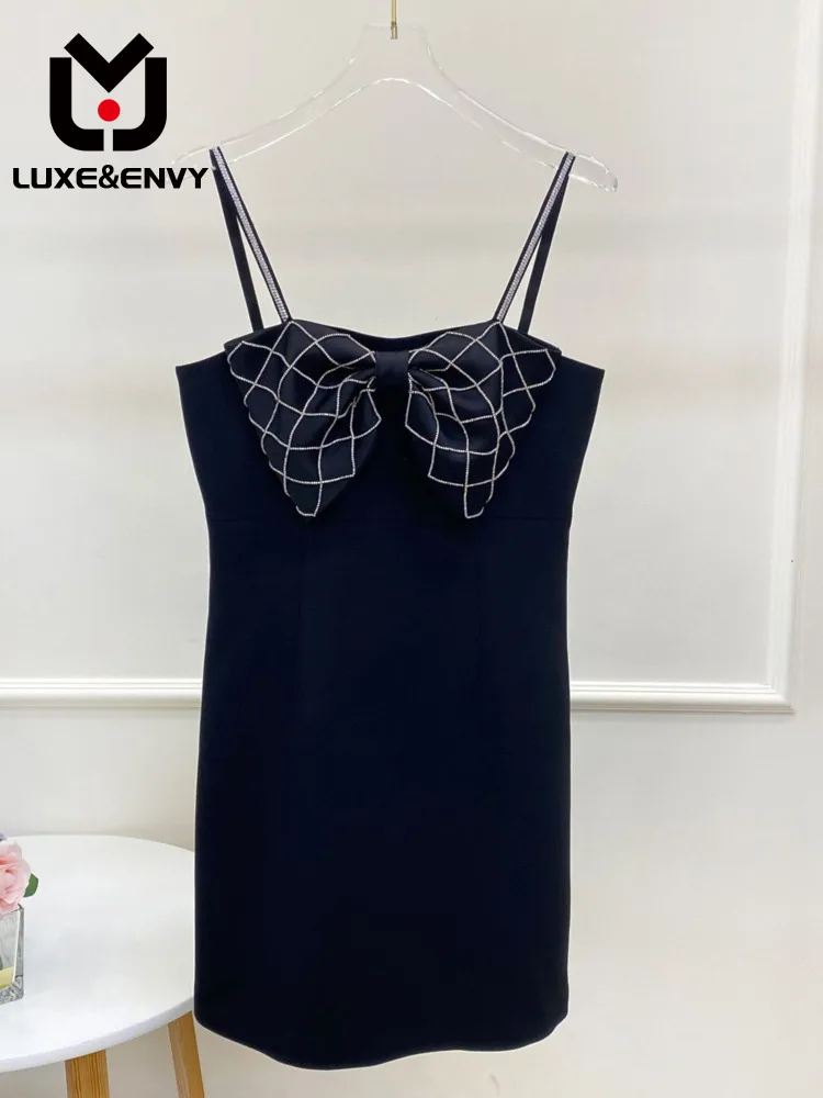 

LUXE&ENVY Spring 2023 New Suspended Dress With Bow Knot, Nailed Diamond, Celebrity High Waist, Black , Wrapped Hip Skirt 0802