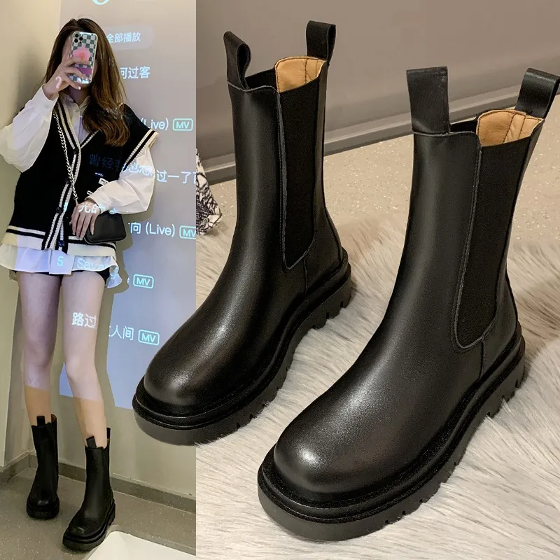 

Women's Chelsea Boots Black Leather 2021 Autumn Winter Trend Thick-soled Women Ankle Boots All-match Martin Boots Ladies