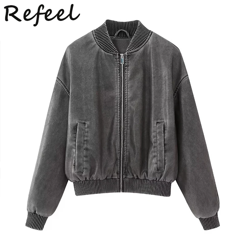 

Куртка-бомбер Refeel женская, модная винтажная верхняя одежда с карманами, с круглым вырезом и длинными рукавами, черная, синяя