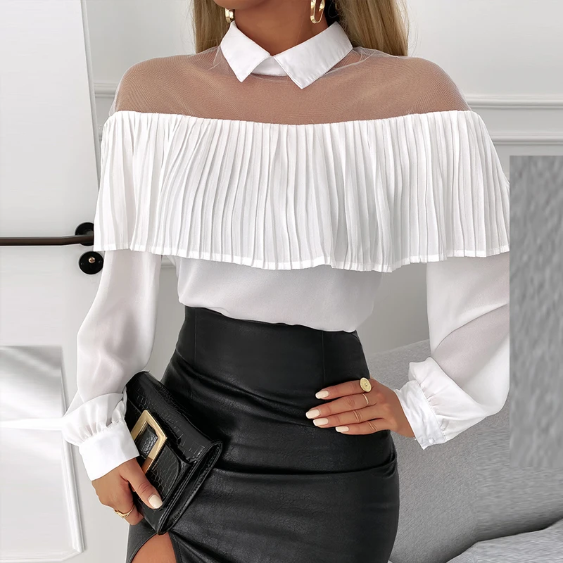 

2022 Summer Spring New Elegant Stitching Pleated Lapel Long Sleeve Shirt Top Ruffles Hem Sheer Mesh Top Blouse Pullover