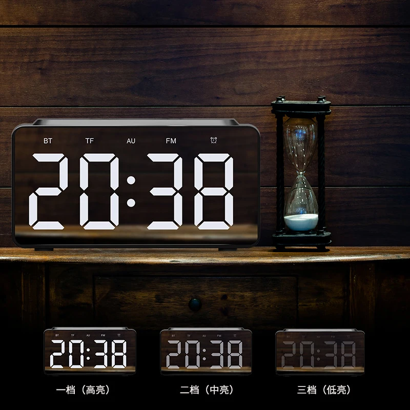 Bluetooth Speaker Clocks Upgraded HD Mirror LED Digital Alarm Clock FM Radio with USB Charger Wireless QI Charging Desktop |