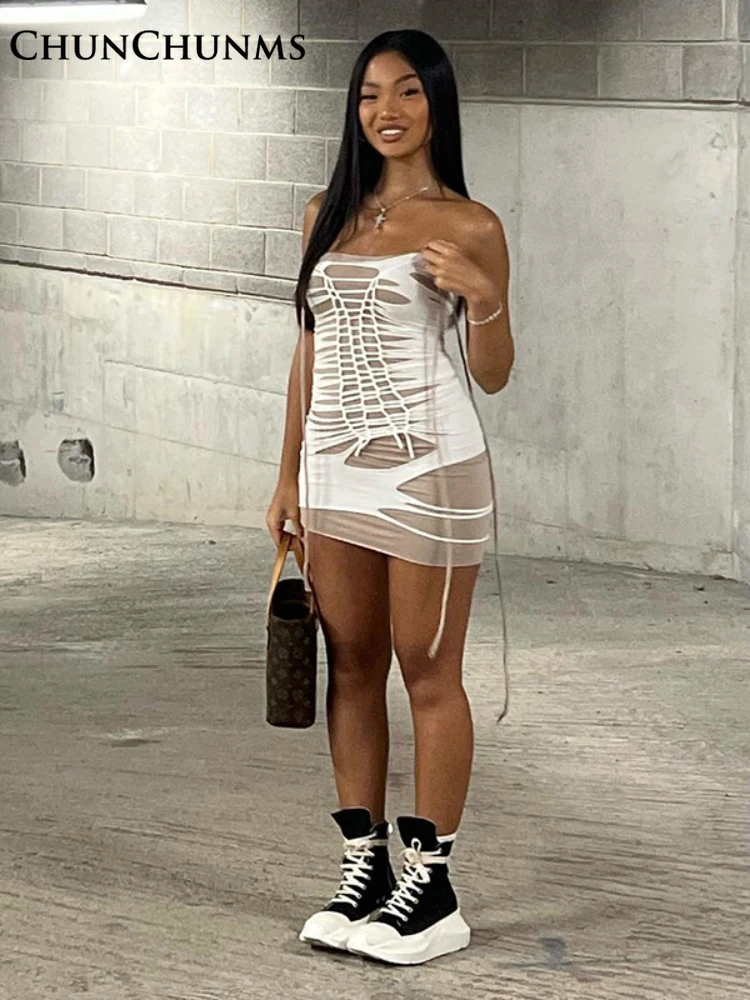 

Street White Bandage Camisole Summer Dress Women Strapless Sexy Openwork Slimming Mini Dresses 2022 Design Hollow Casual Cloth