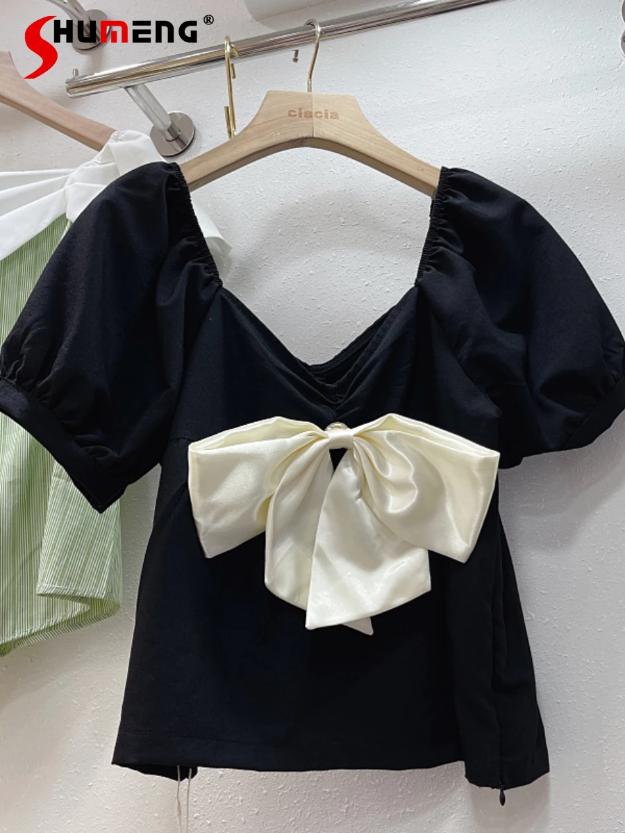 

Bow Short Puff Sleeve V-neck Shirt for Women 2022 Summer New Loose Blusas De Mujer French Style Design Solid Color Short Blouse