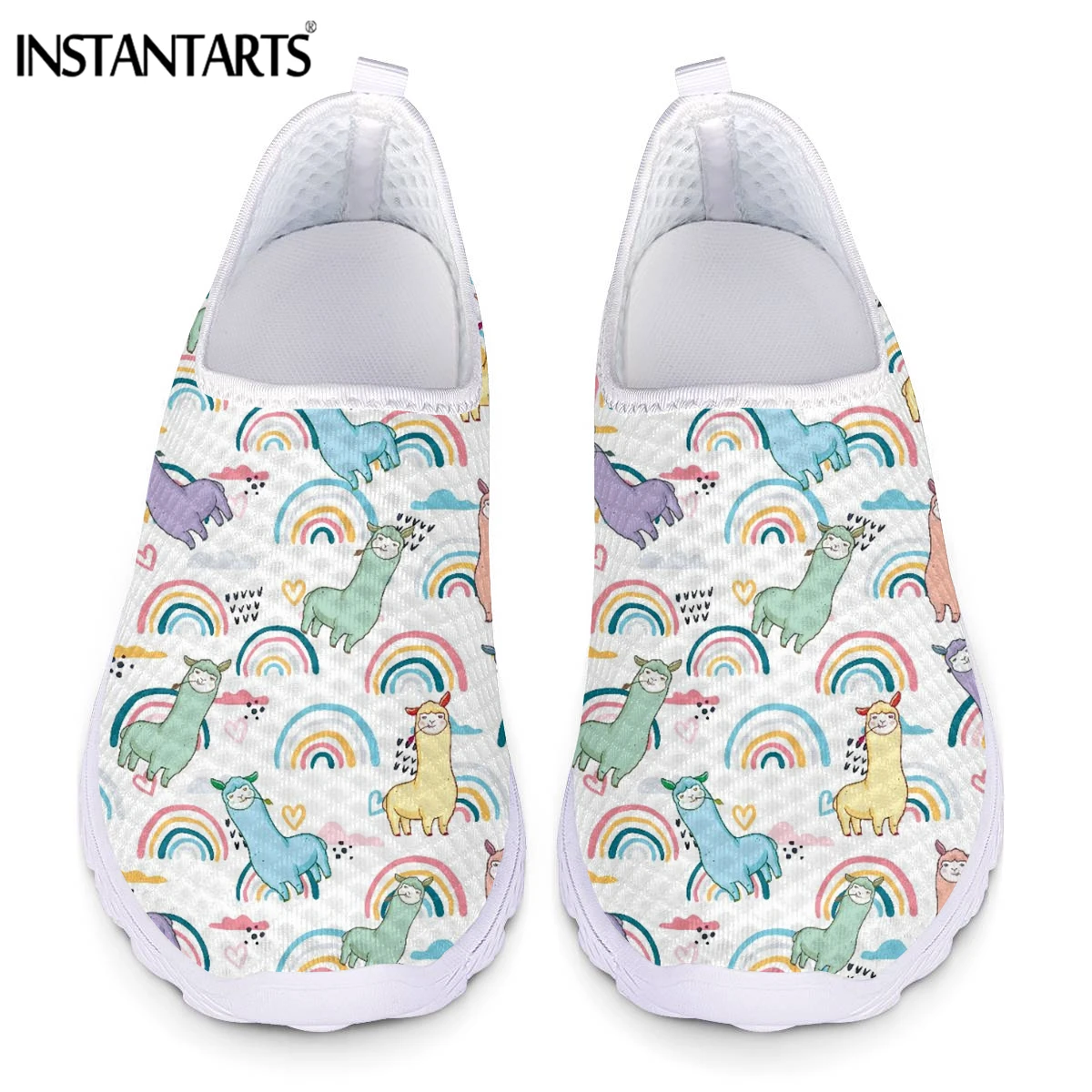 

INSTANTARTS Cute Rainbow Alpaca Cartoon Pattern Ladies Flat Shoes Breathable Slip-on Mesh Sneakers for Women Outdoor Loafers Hot