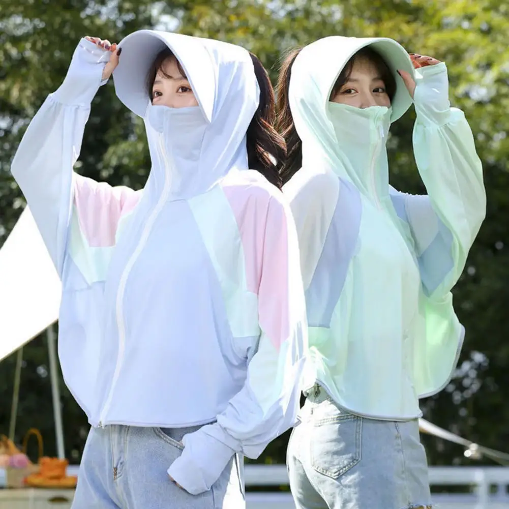 

Women Sunscreen Coat Face Guard Sun Protection Clothing Long Sleeve Thumbhole Design Zipper Closure Sun Shirt
