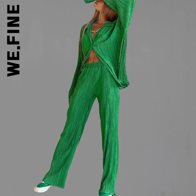 

We.Fine Sexy Long Sleeve Lapel Jacket Coat Suits 2022 Women Casual Wide Leg Solid Suit Two Pieces Outfits Office Lady Outfits