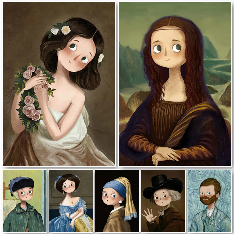 

Картина по всему миру, Постер и печать, картина маслом, мультяшная девушка с жемчугом, серьги, Настенная картина для комнаты, домашний декор