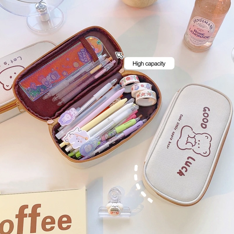 

2022 New Cute Canvas Pencil Bag Cartoon Bear Large-Capacity Simple Pencil Case Pen Storage Stationery For School Office Supplies