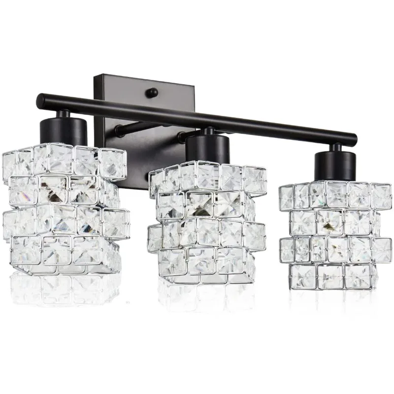 

Modern Bathroom Mirror 3 Lights Dresser Interior Matte Black with Crystal Shade Lighting for Powder Room Bedroom Entrance Hallwa
