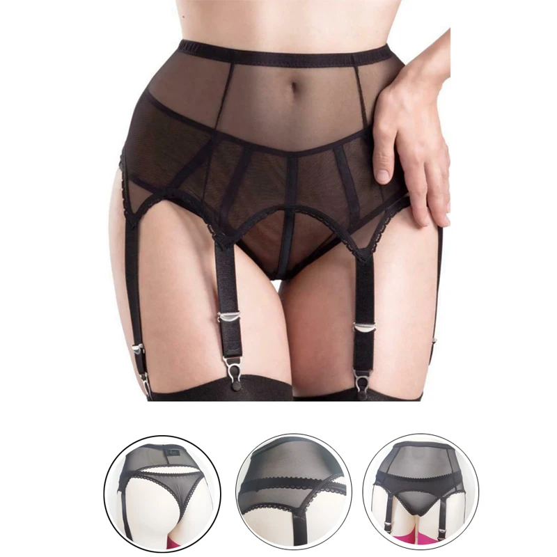 Black Mesh High Waist Sexy Garter Belt Women Ultra Thin Shaping Suspender Belt Exotic Lingerie Garters for Stockings Pantyhose