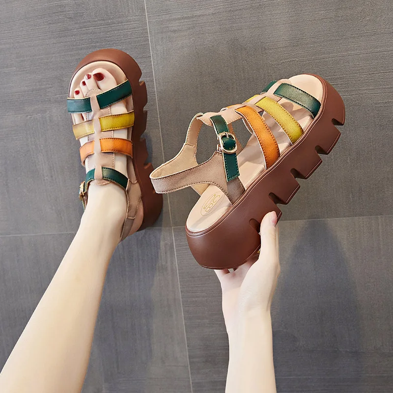 CICIYANG Sandals Women Genuine Leather 2023 Summer New Flat Mother Shoes Non-slip Ladies Beach Shoes Cutout Weave Roman Sandals