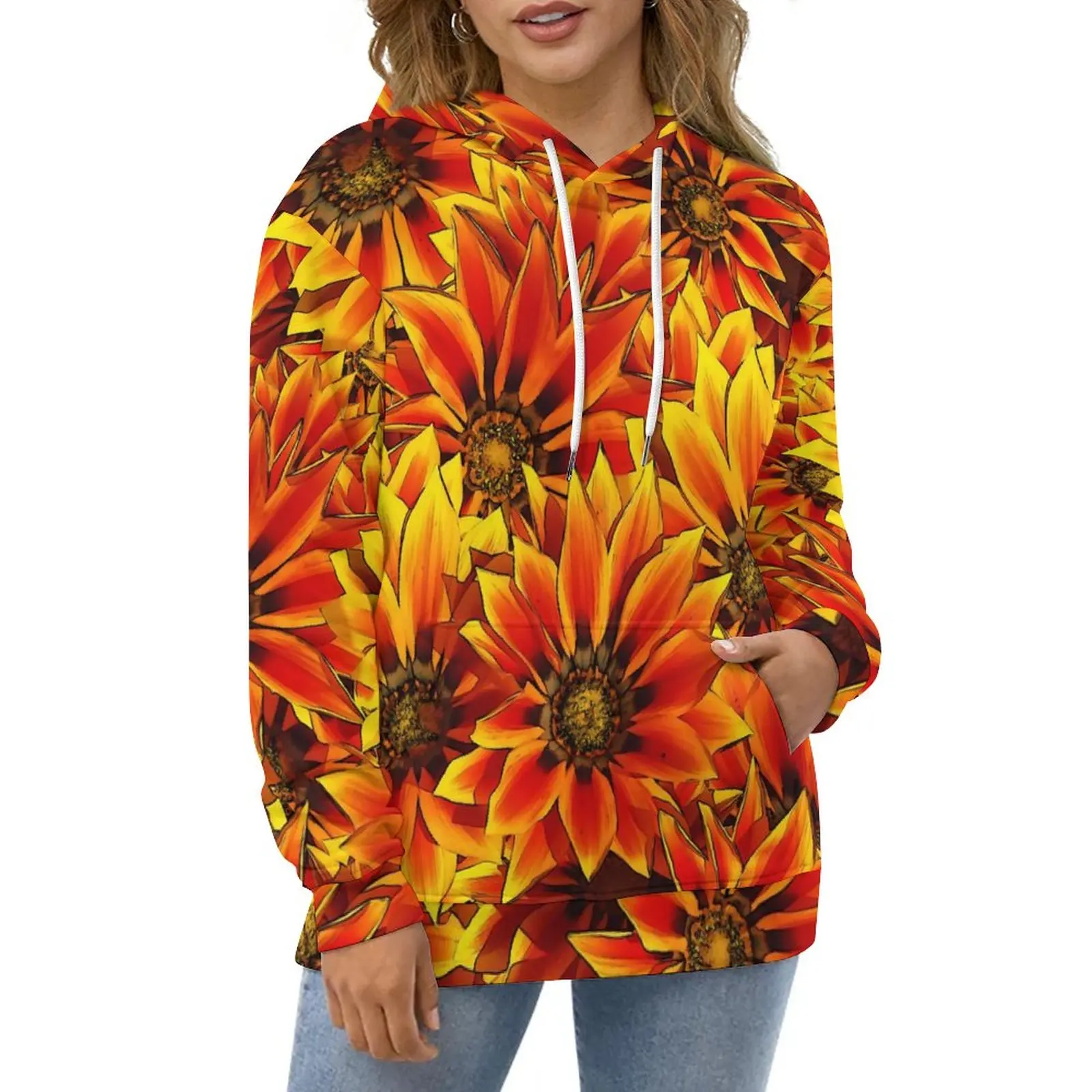 

Толстовка с капюшоном с изображением оранжевого подсолнуха и цветочным принтом, корейская мода, повседневная толстовка с длинным рукавом, современные свитшоты с принтом 4XL, 5XL, 6XL